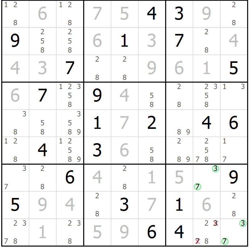 Position des candidats pour la solution de la Gr 88 page 91 du magazine de sudoku Giga sudoku niv 6-8 n° 024