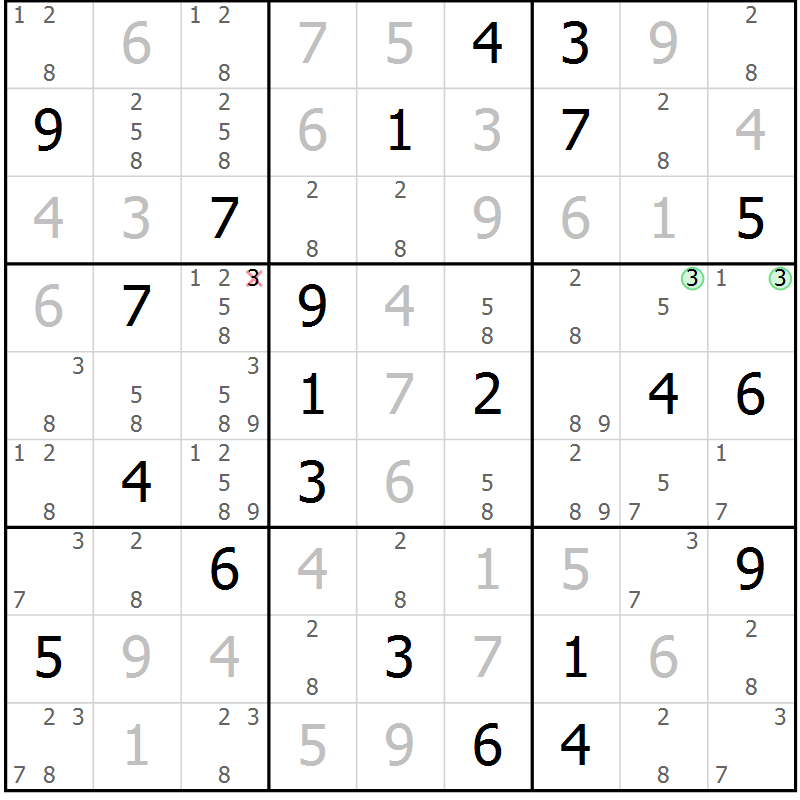 Position des candidats pour la solution de la Gr 88 page 91 du magazine de sudoku Giga sudoku niv 6-8 n° 024