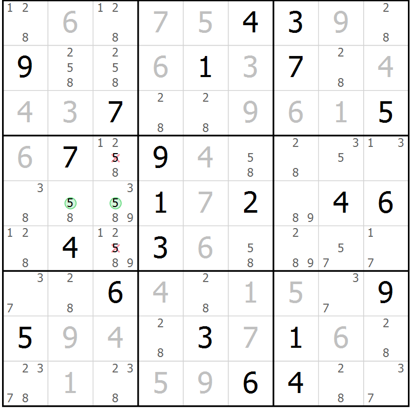 Position des candidats pour la solution de la Gr 88 page 91 du magazine de sudoku Giga sudoku niv 6-8 n° 024