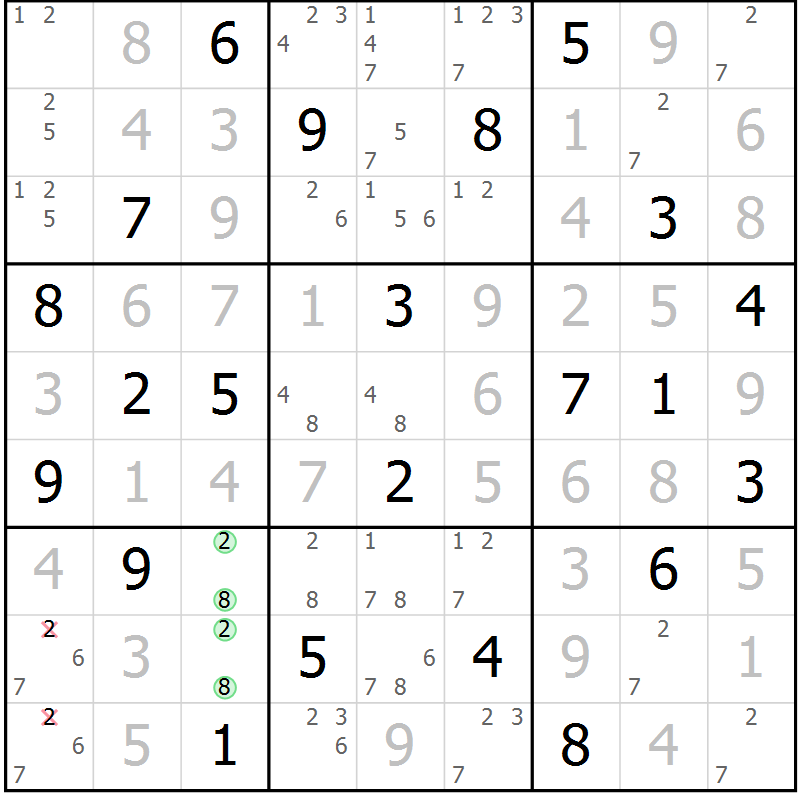 Position des candidats pour la solution de la Gr 89 page 92 du magazine de sudoku Giga sudoku niv 6-8 n° 024
