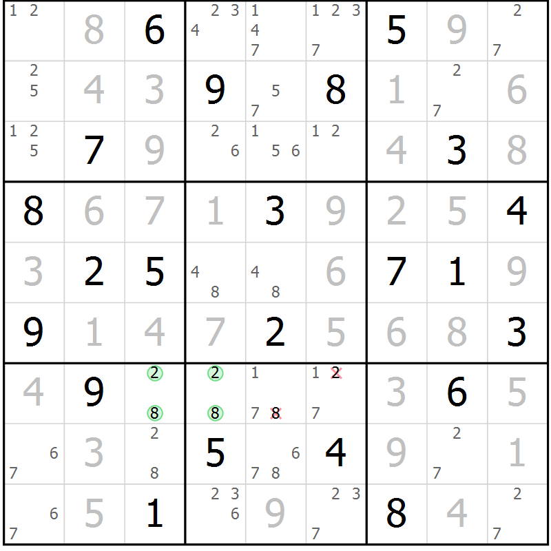 Position des candidats pour la solution de la Gr 89 page 92 du magazine de sudoku Giga sudoku niv 6-8 n° 024