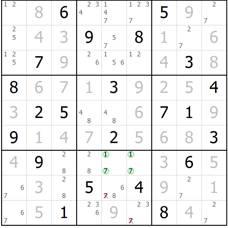 Position des candidats pour la solution de la Gr 89 page 92 du magazine de sudoku Giga sudoku niv 6-8 n° 024