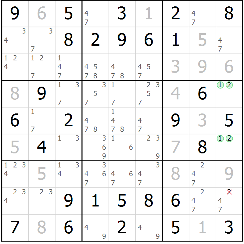 Position des candidats pour la solution de la Gr 9 page 12 du magazine de sudoku Giga sudoku niv 6-8 n° 024