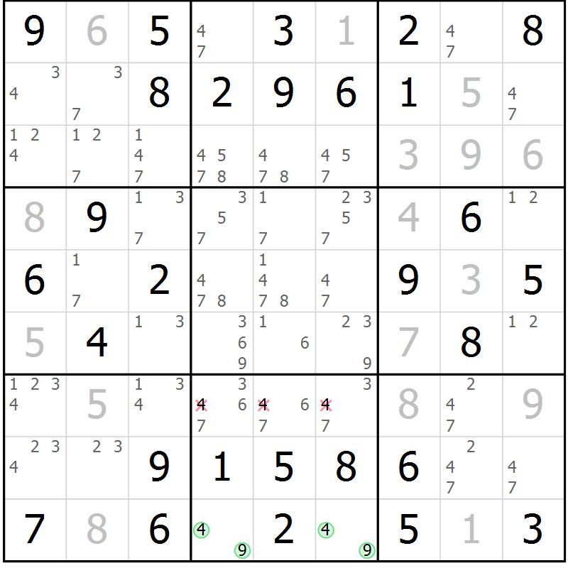 Position des candidats pour la solution de la Gr 9 page 12 du magazine de sudoku Giga sudoku niv 6-8 n° 024