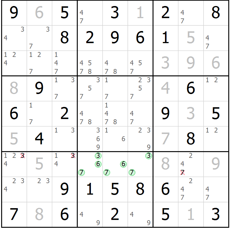 Position des candidats pour la solution de la Gr 9 page 12 du magazine de sudoku Giga sudoku niv 6-8 n° 024