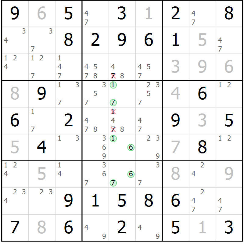 Position des candidats pour la solution de la Gr 9 page 12 du magazine de sudoku Giga sudoku niv 6-8 n° 024