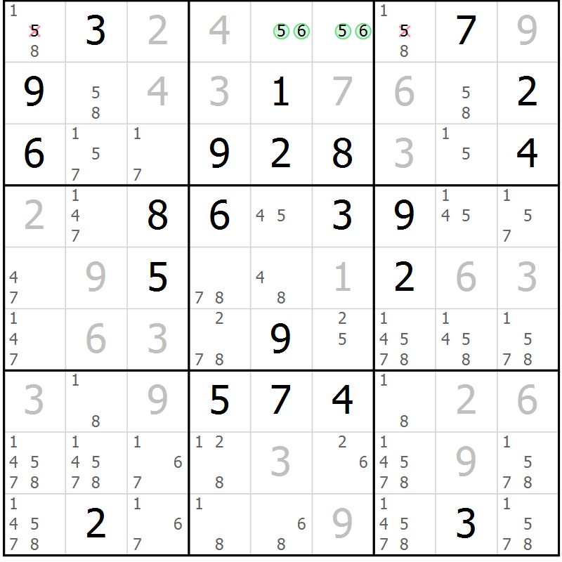 Position des candidats pour la solution de la Gr 90 page 93 du magazine de sudoku Giga sudoku niv 6-8 n° 024