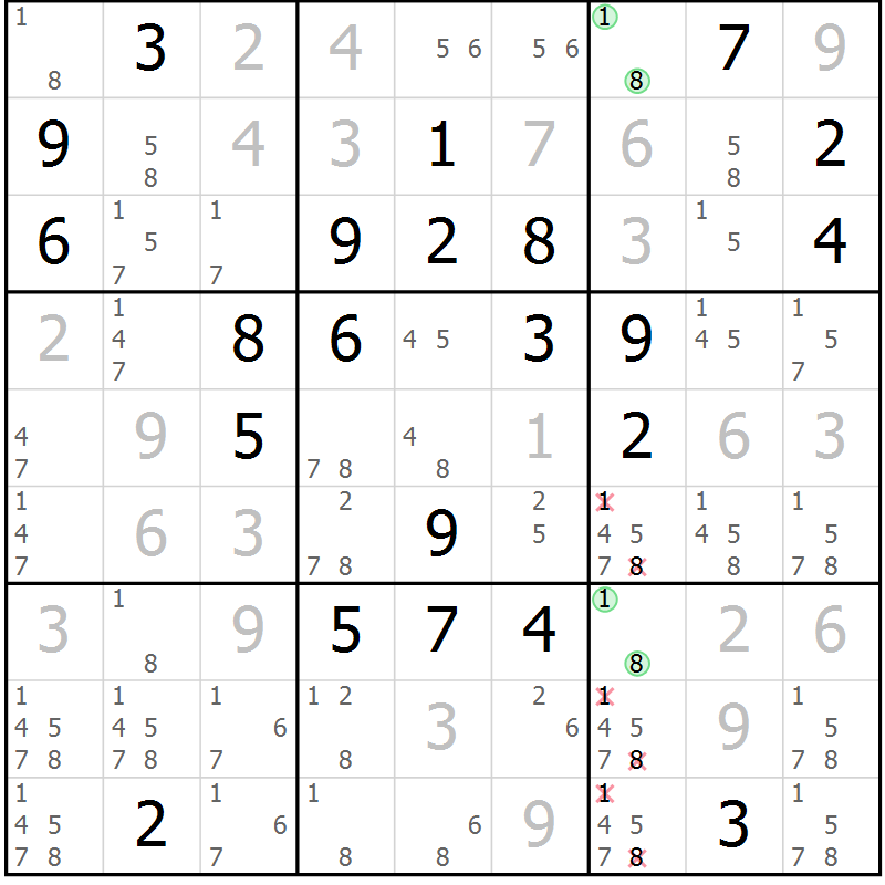Position des candidats pour la solution de la Gr 90 page 93 du magazine de sudoku Giga sudoku niv 6-8 n° 024