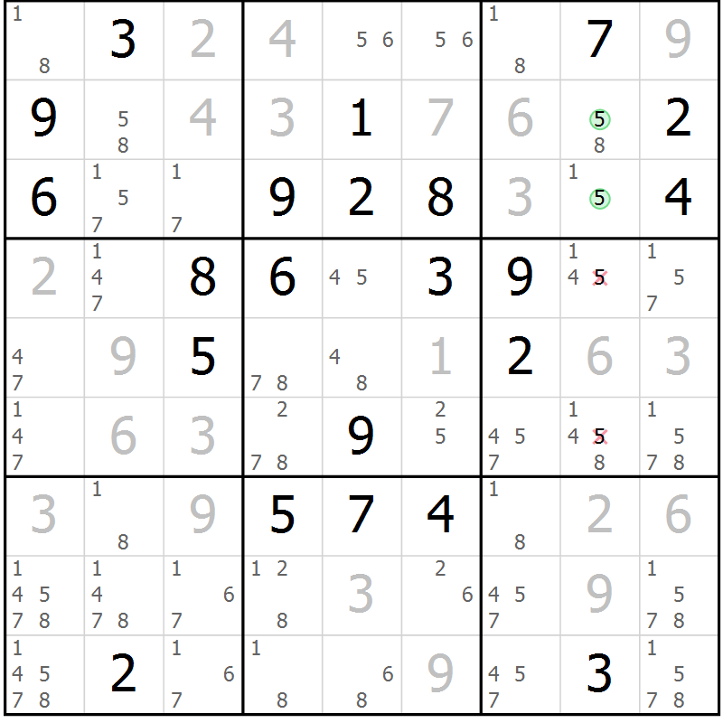 Position des candidats pour la solution de la Gr 90 page 93 du magazine de sudoku Giga sudoku niv 6-8 n° 024
