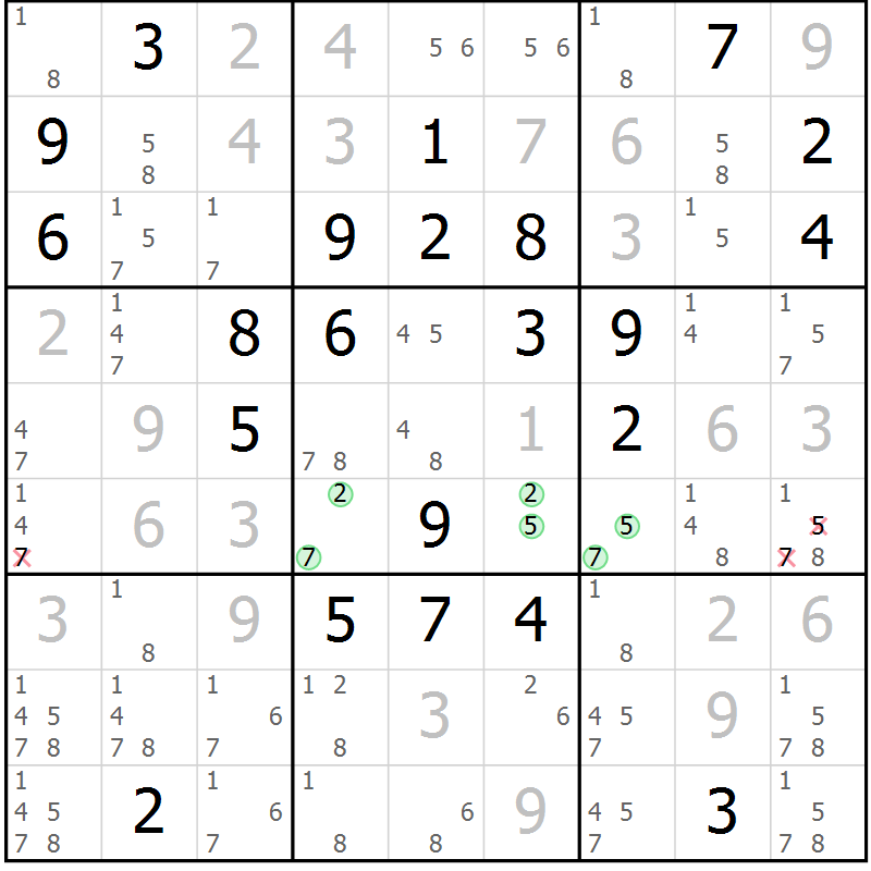 Position des candidats pour la solution de la Gr 90 page 93 du magazine de sudoku Giga sudoku niv 6-8 n° 024