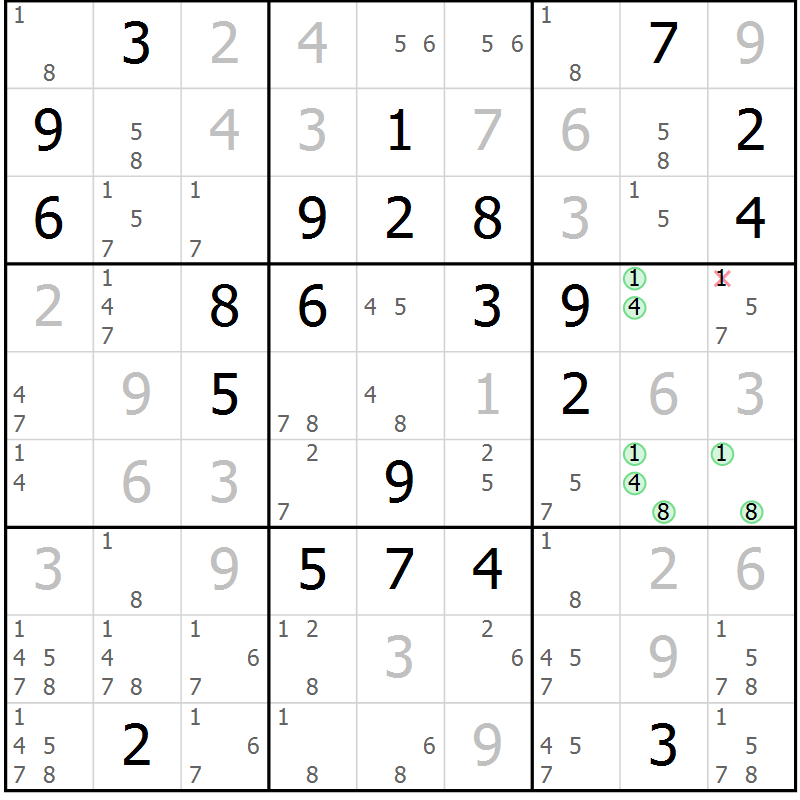 Position des candidats pour la solution de la Gr 90 page 93 du magazine de sudoku Giga sudoku niv 6-8 n° 024