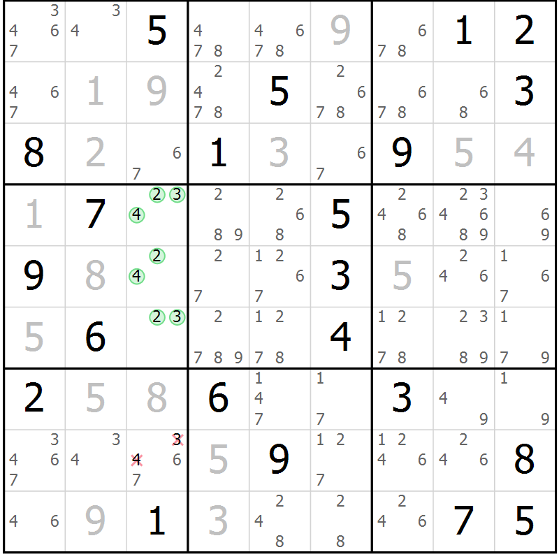 Position des candidats pour la solution de la Gr 91 page 94 du magazine de sudoku Giga sudoku niv 6-8 n° 024
