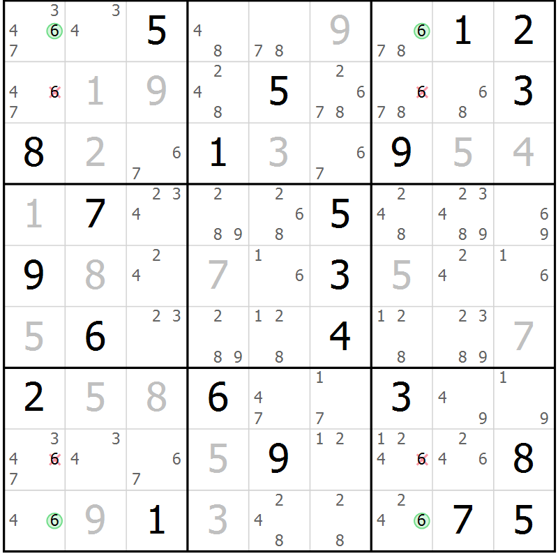 Position des candidats pour la solution de la Gr 91 page 94 du magazine de sudoku Giga sudoku niv 6-8 n° 024
