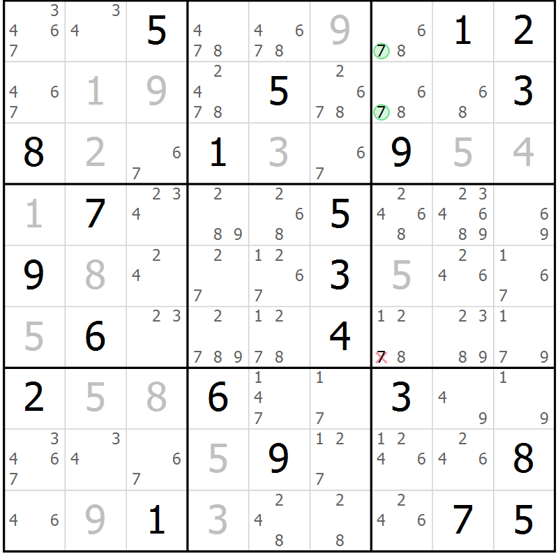 Position des candidats pour la solution de la Gr 91 page 94 du magazine de sudoku Giga sudoku niv 6-8 n° 024