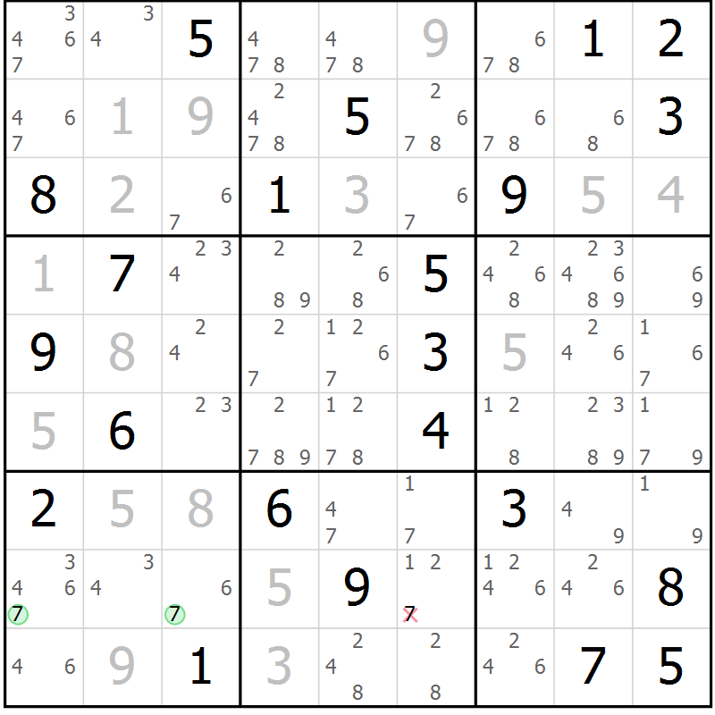 Position des candidats pour la solution de la Gr 91 page 94 du magazine de sudoku Giga sudoku niv 6-8 n° 024