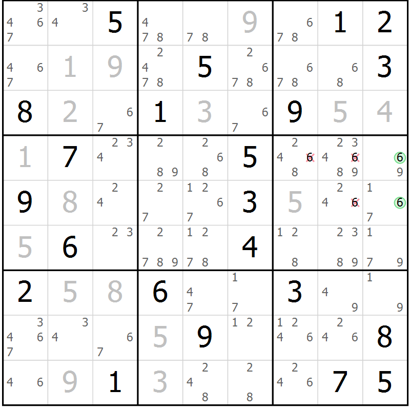 Position des candidats pour la solution de la Gr 91 page 94 du magazine de sudoku Giga sudoku niv 6-8 n° 024