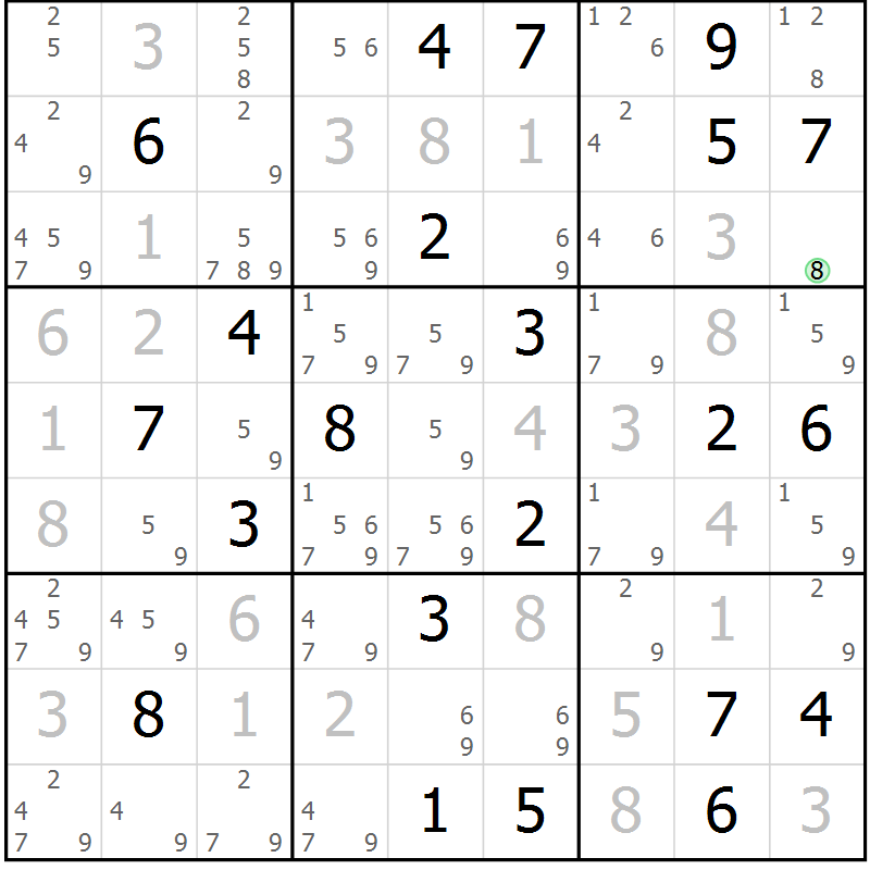 Position des candidats pour la solution de la Gr 92 page 95 du magazine de sudoku Giga sudoku niv 6-8 n° 024