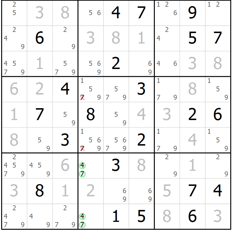 Position des candidats pour la solution de la Gr 92 page 95 du magazine de sudoku Giga sudoku niv 6-8 n° 024