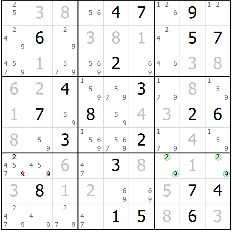 Position des candidats pour la solution de la Gr 92 page 95 du magazine de sudoku Giga sudoku niv 6-8 n° 024