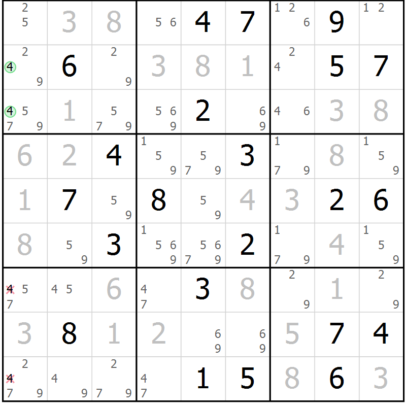Position des candidats pour la solution de la Gr 92 page 95 du magazine de sudoku Giga sudoku niv 6-8 n° 024