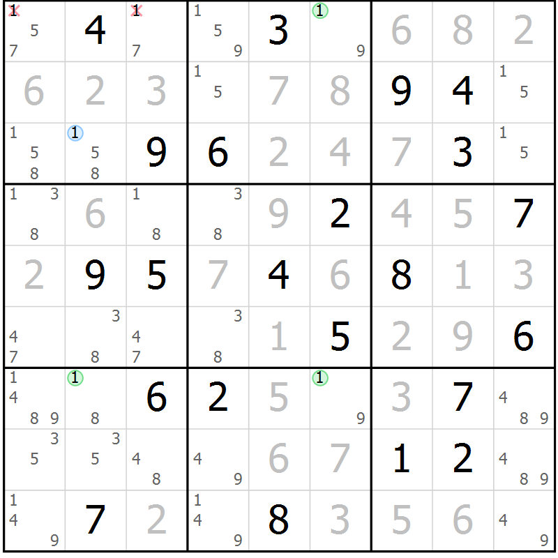 Position des candidats pour la solution de la Gr 93 page 96 du magazine de sudoku Giga sudoku niv 6-8 n° 024