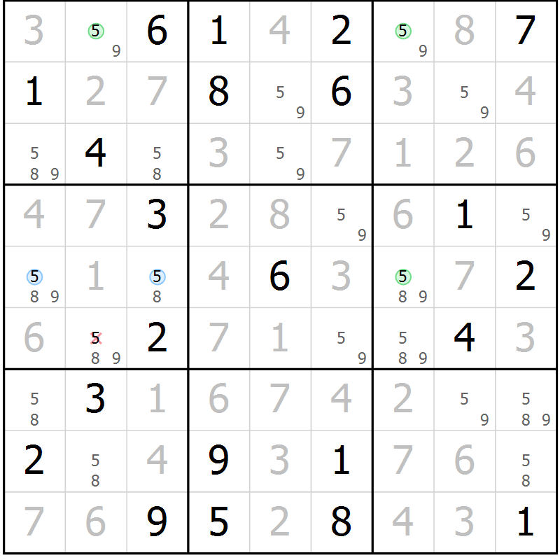 Position des candidats pour la solution de la Gr 94 page 97 du magazine de sudoku Giga sudoku niv 6-8 n° 024