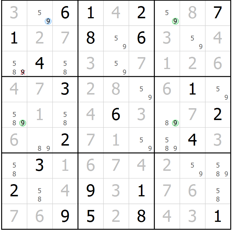 Position des candidats pour la solution de la Gr 94 page 97 du magazine de sudoku Giga sudoku niv 6-8 n° 024