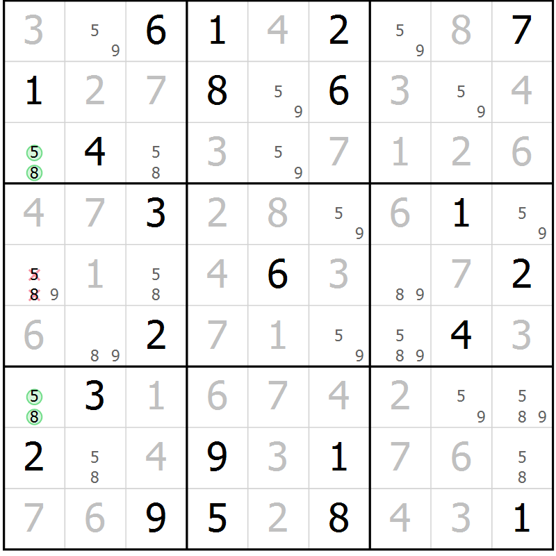 Position des candidats pour la solution de la Gr 94 page 97 du magazine de sudoku Giga sudoku niv 6-8 n° 024