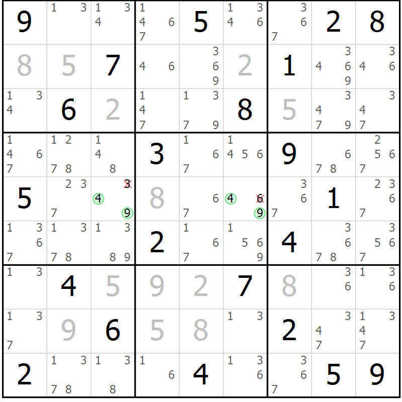 Position des candidats pour la solution de la Gr 95 page 98 du magazine de sudoku Giga sudoku niv 6-8 n° 024