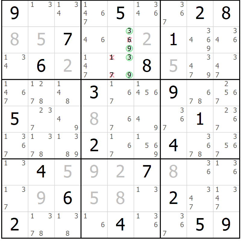 Position des candidats pour la solution de la Gr 95 page 98 du magazine de sudoku Giga sudoku niv 6-8 n° 024
