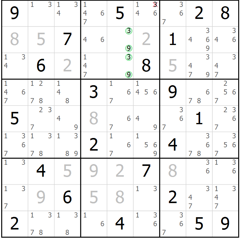 Position des candidats pour la solution de la Gr 95 page 98 du magazine de sudoku Giga sudoku niv 6-8 n° 024