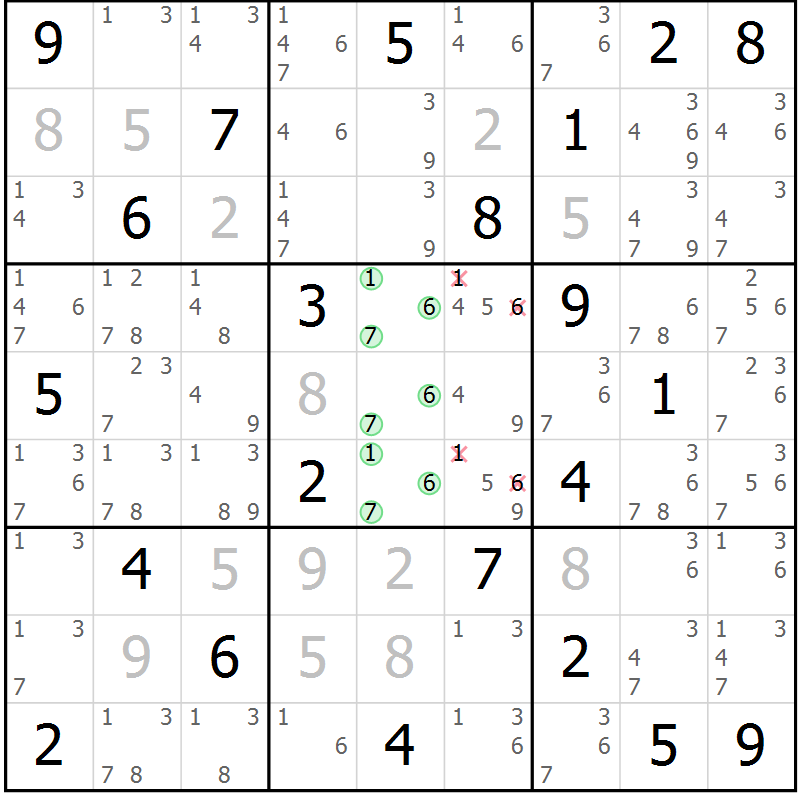 Position des candidats pour la solution de la Gr 95 page 98 du magazine de sudoku Giga sudoku niv 6-8 n° 024