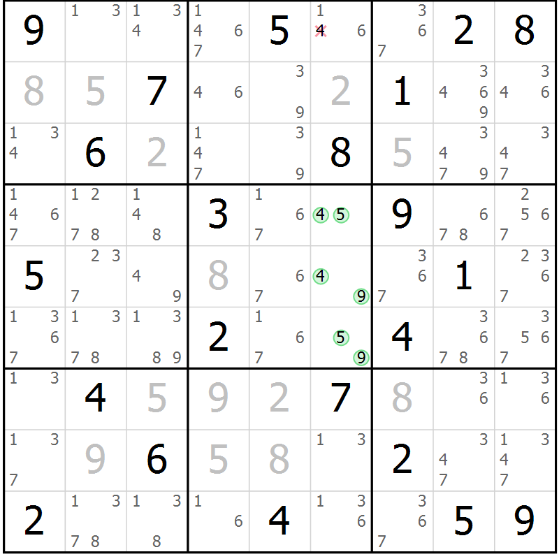 Position des candidats pour la solution de la Gr 95 page 98 du magazine de sudoku Giga sudoku niv 6-8 n° 024