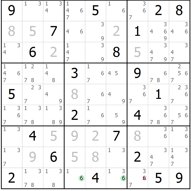 Position des candidats pour la solution de la Gr 95 page 98 du magazine de sudoku Giga sudoku niv 6-8 n° 024