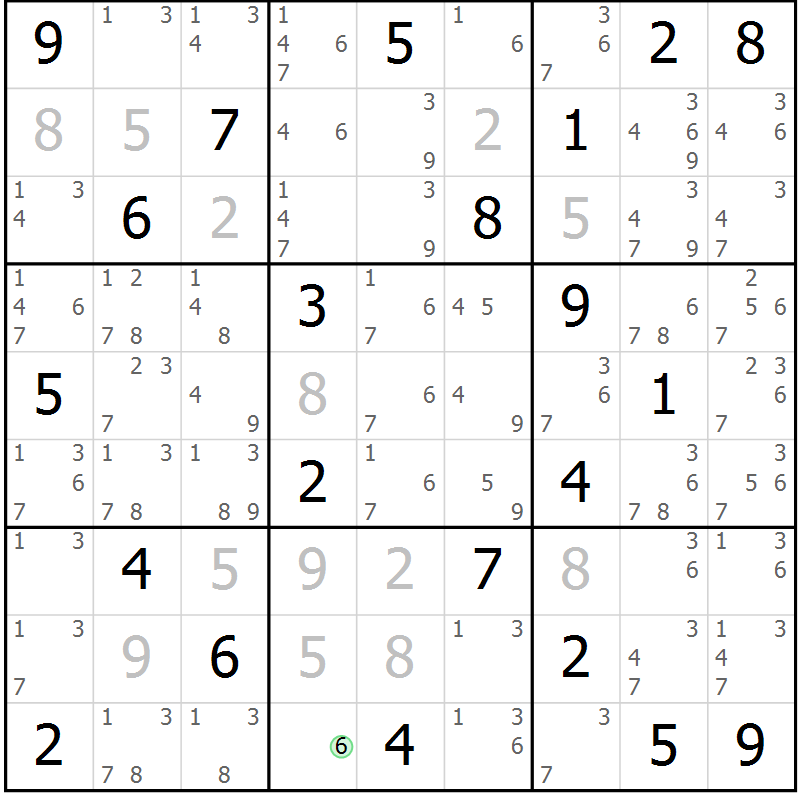 Position des candidats pour la solution de la Gr 95 page 98 du magazine de sudoku Giga sudoku niv 6-8 n° 024