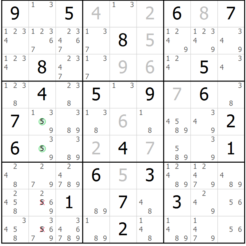 Position des candidats pour la solution de la Gr 96 page 99 du magazine de sudoku Giga sudoku niv 6-8 n° 024