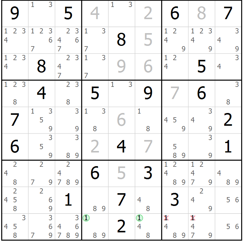 Position des candidats pour la solution de la Gr 96 page 99 du magazine de sudoku Giga sudoku niv 6-8 n° 024