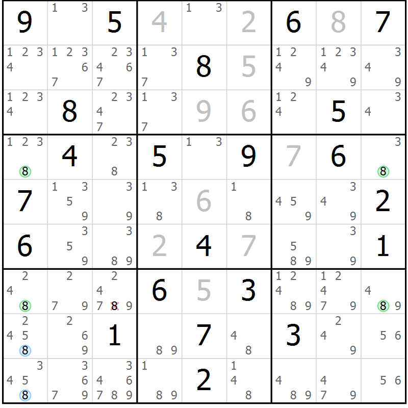 Position des candidats pour la solution de la Gr 96 page 99 du magazine de sudoku Giga sudoku niv 6-8 n° 024