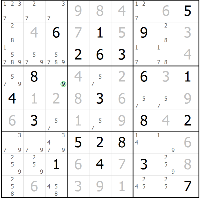 Position des candidats pour la solution de la Gr 97 page 100 du magazine de sudoku Giga sudoku niv 6-8 n° 024