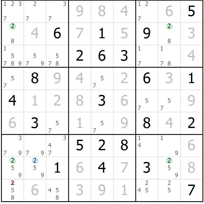 Position des candidats pour la solution de la Gr 97 page 100 du magazine de sudoku Giga sudoku niv 6-8 n° 024