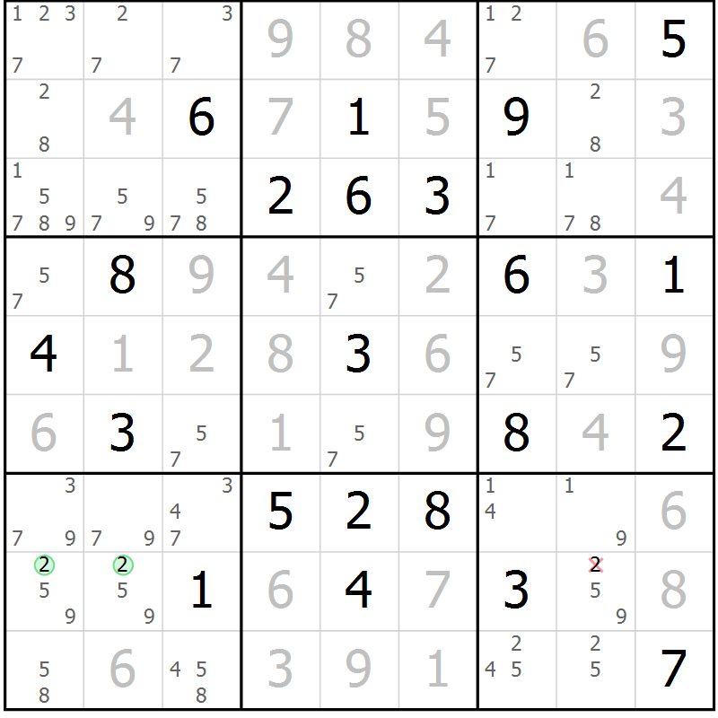 Position des candidats pour la solution de la Gr 97 page 100 du magazine de sudoku Giga sudoku niv 6-8 n° 024