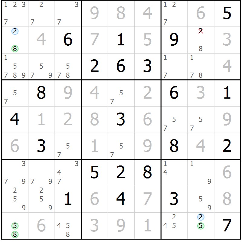 Position des candidats pour la solution de la Gr 97 page 100 du magazine de sudoku Giga sudoku niv 6-8 n° 024