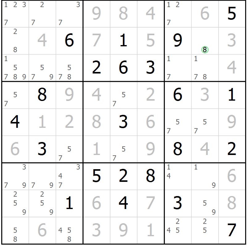 Position des candidats pour la solution de la Gr 97 page 100 du magazine de sudoku Giga sudoku niv 6-8 n° 024