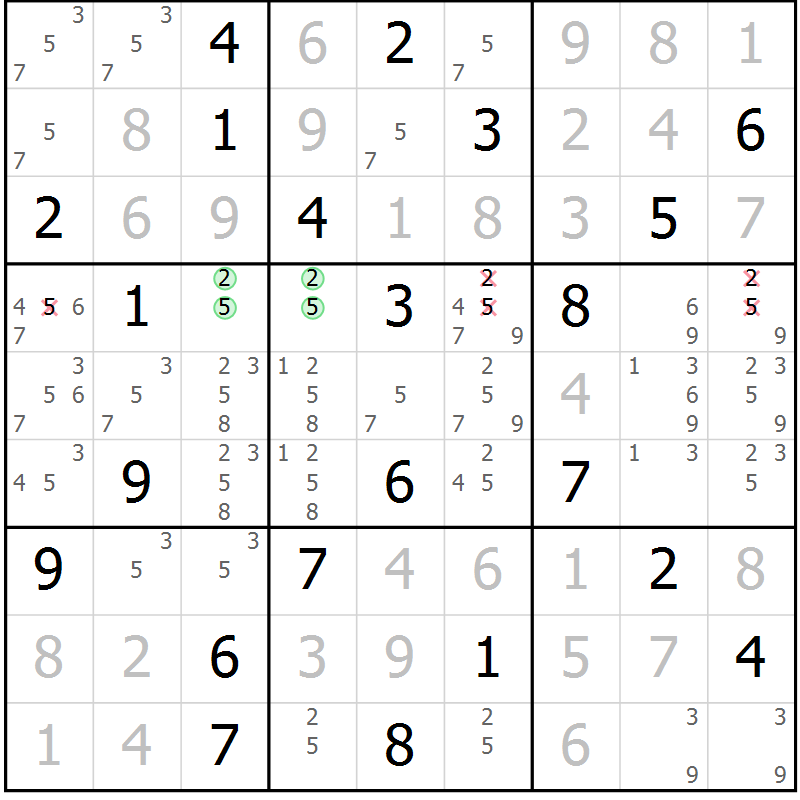 Position des candidats pour la solution de la Gr 98 page 101 du magazine de sudoku Giga sudoku niv 6-8 n° 024