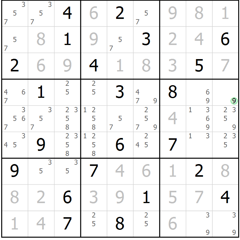 Position des candidats pour la solution de la Gr 98 page 101 du magazine de sudoku Giga sudoku niv 6-8 n° 024