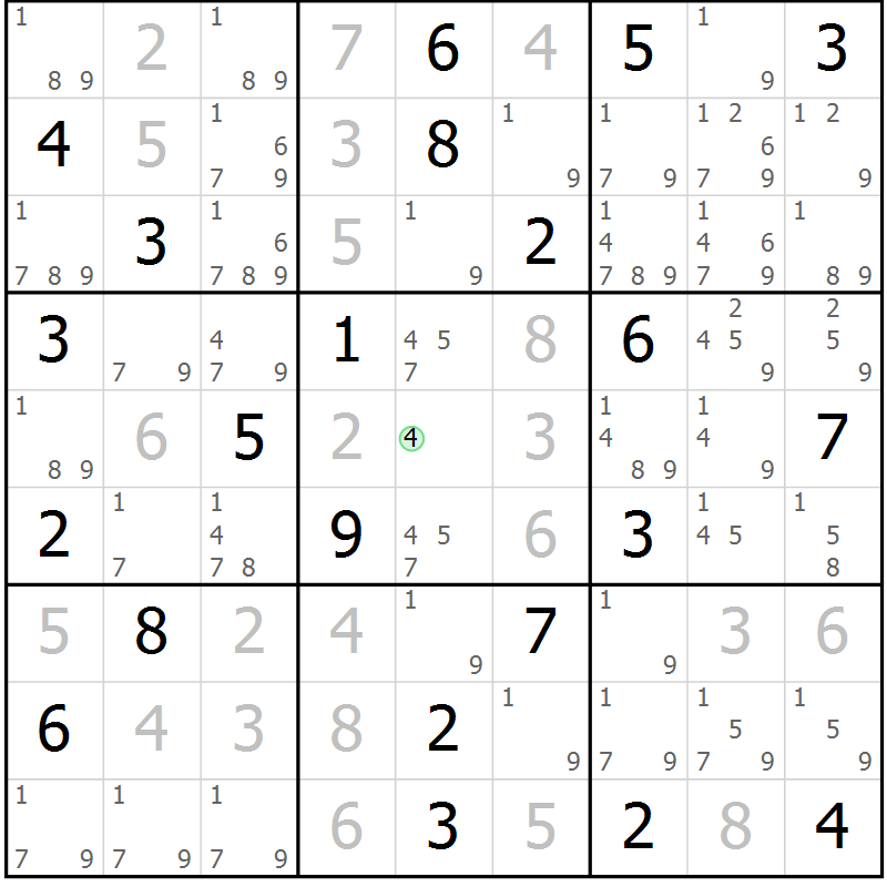 Position des candidats pour la solution de la Gr 99 page 102 du magazine de sudoku Giga sudoku niv 6-8 n° 024