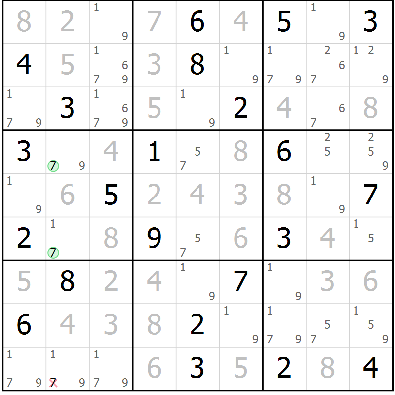 Position des candidats pour la solution de la Gr 99 page 102 du magazine de sudoku Giga sudoku niv 6-8 n° 024