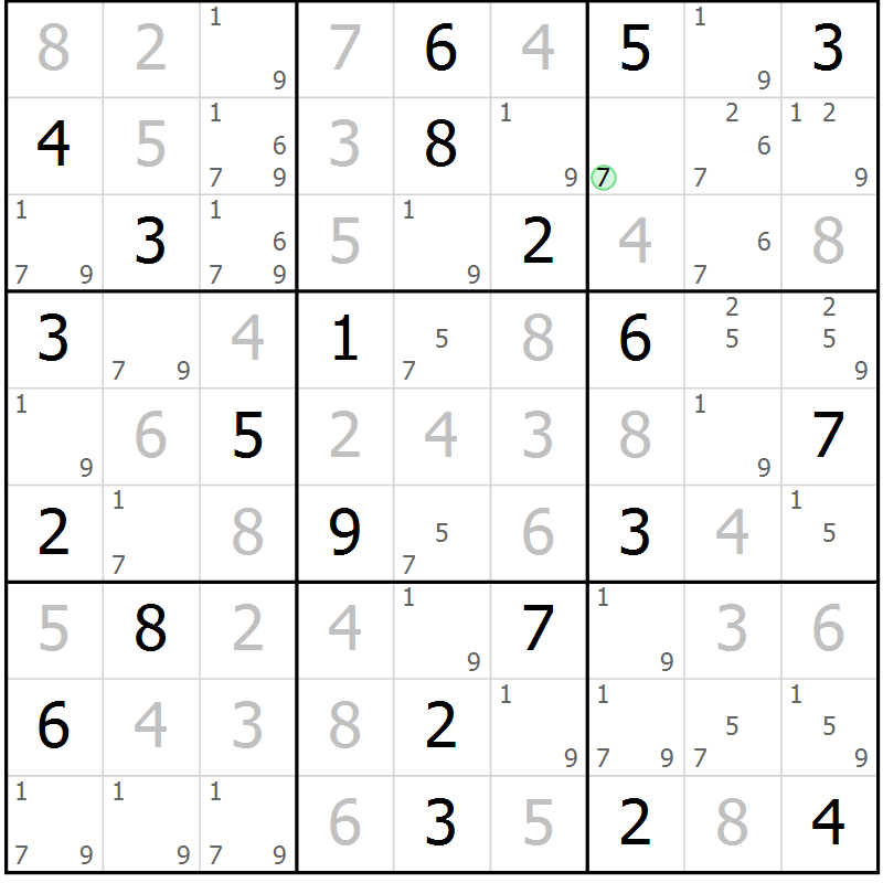 Position des candidats pour la solution de la Gr 99 page 102 du magazine de sudoku Giga sudoku niv 6-8 n° 024