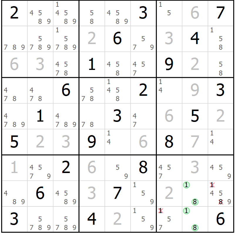Position des candidats pour la solution de la Gr 1 page 4 du magazine de sudoku Giga sudoku niv 6-8 n° 032