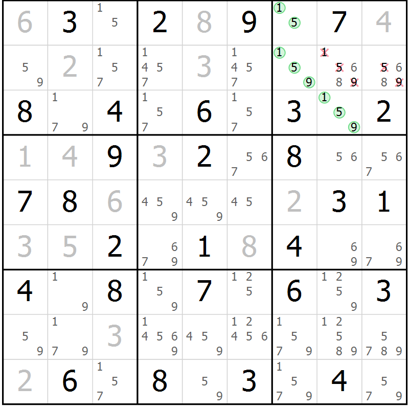 Position des candidats pour la solution de la Gr 10 page 13 du magazine de sudoku Giga sudoku niv 6-8 n° 032